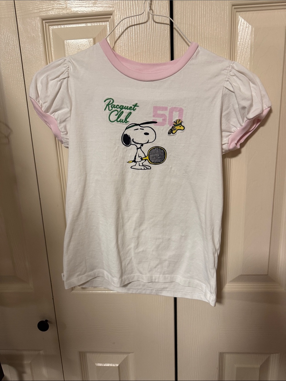 Peanuts Snoopy Racquet Club Girls' White & Pink Tennis T-Shirt